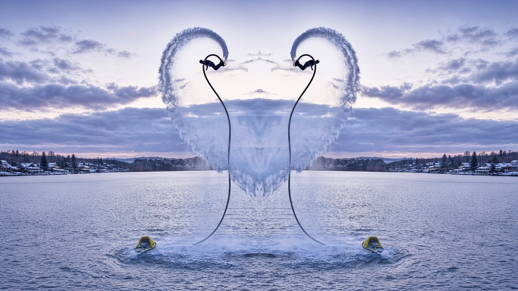 Two flyboard riders drawing a heart of water spray over a still bay at dusk, jet skis below