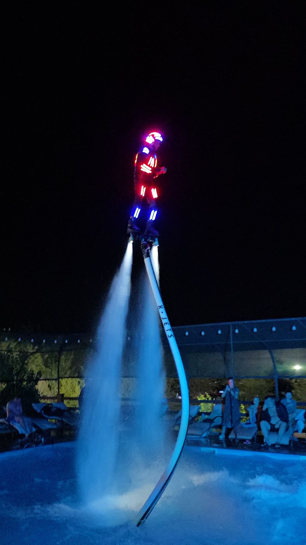 LED flyboard hover at night with X-Jets hose and dual water columns